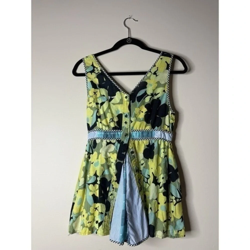 Free People Floral Patchwork Tunic‎ Top Lime Green Navy V-Neck Sleeveless Size 4